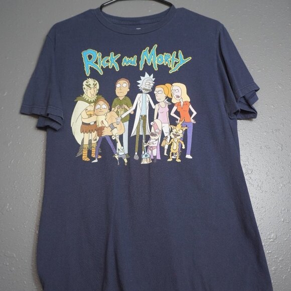Adult Swim Rick And Morty Mens Navy Blue Graphic Short Sleeve Shirt Size Medium - Picture 1 of 5